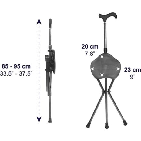Måttbild av käppens höjd, sittyta och total bredd Justerbar käpp med sits i kolfiber Måttbild av käppens höjd, sittyta och total bredd