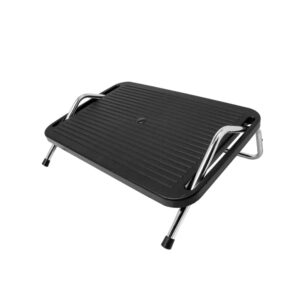 Justerbart Fotstöd Svart justerbart fotstöd med ribbad yta och metallben för ergonomiskt stöd under fötterna.