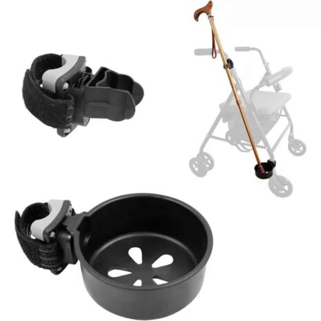 Käpphållare i svart plast med kardborrefästen, monterad på rollator, med en käpp placerad i hållaren.