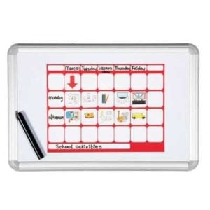 Whiteboard with magnetic pictograms and marker pen to plan the week's activities.