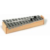 Metal xylophone from GITRE with 13 silver-colored notes on a natural wood base, complete with two wooden mallets.