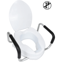 Toilet seat raiser with armrests and lid in white