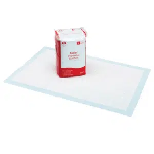 a red and white package on a white and blue mat