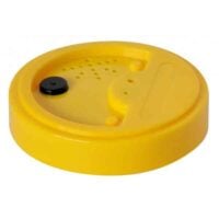 a yellow plastic object with a black circle
