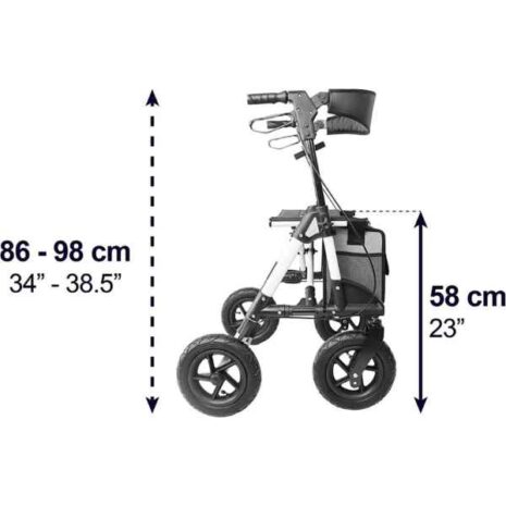 Justerbar rollator för olika användarbehov Rullator för terräng Rullator i profil med mått: höjdjusterbara handtag 86–98 cm och sitthöjd 58 cm