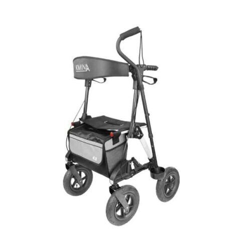 Rollator med ryggstöd och korg Rullator för terräng Rullator i vinkelvy med ryggstöd och förvaringsväska