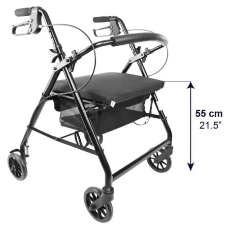 Rullator med fyra hjul lätt Rullator lätt Rullator med fyra hjul lätt i svart aluminium med sits på 55 cm höjd, markerad med måttangivelse.