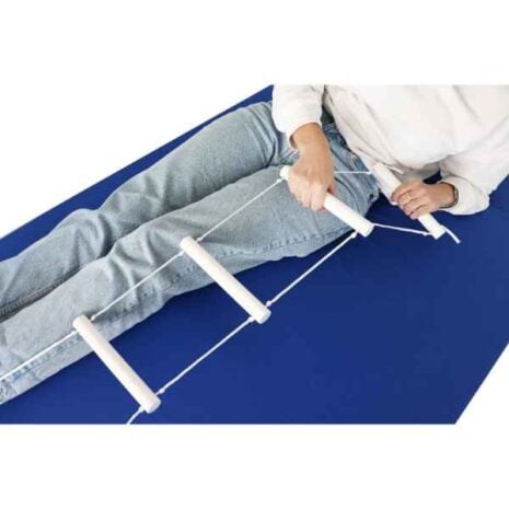 Sängband. a person using a rope ladder