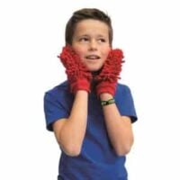 a young boy wearing gloves