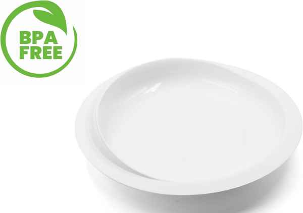 Tallrik med sugkopp och hög kant – vit Tallrik med hög kant och sugkopp i vit BPA-fri plast