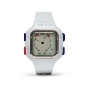 a white watch with red and blue accents