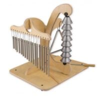 Trisun Instrument Station with three different percussion instruments – reed chimes, glockenspiel and triangle – mounted on a stand made of natural wood.