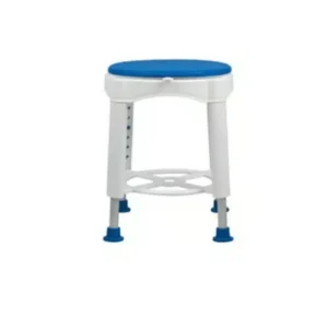 Height-adjustable shower stool with blue rotating seat