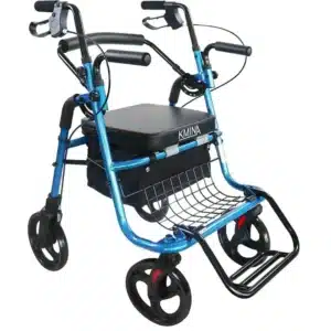 Rollator and wheelchair in one – blue model with footrest and basket