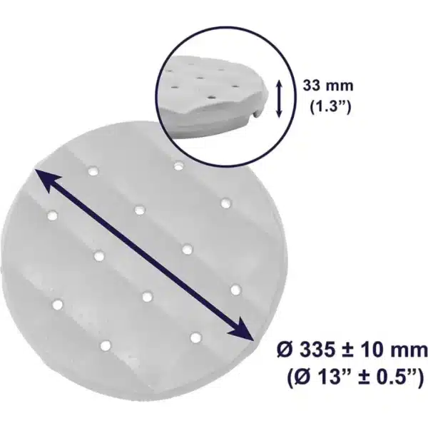 Måttbild av rund duschpallskudde med diameter och tjocklek