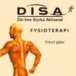 Physio Disa Fysioterapi i Göteborg, Logotyp för DISA Fysioterapi med texten "Din Inre Styrka Aktiverad", där initialerna D, I, S och A är i fet stil. En anatomisk illustration visar ryggmuskulaturen hos en man. Texten "Fysioterapi" och "Frikort gäller" syns mot ljus bakgrund.