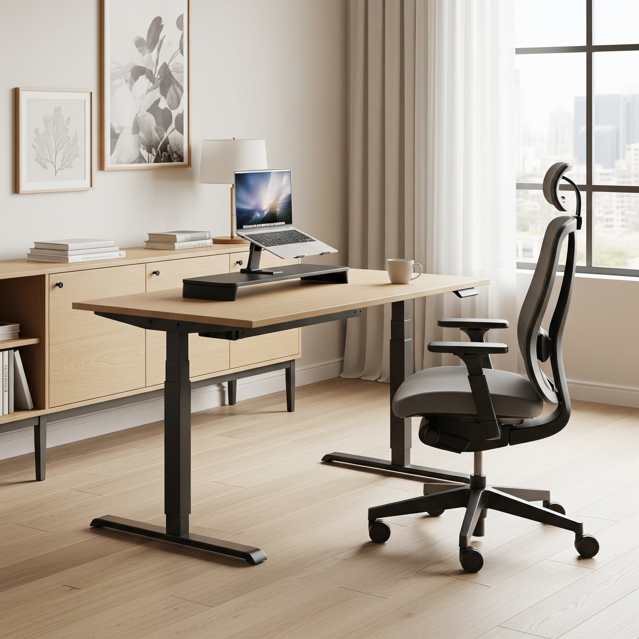 Höj- och sänkbart arbetsbord och ergonomisk kontorsstol i hemmiljö