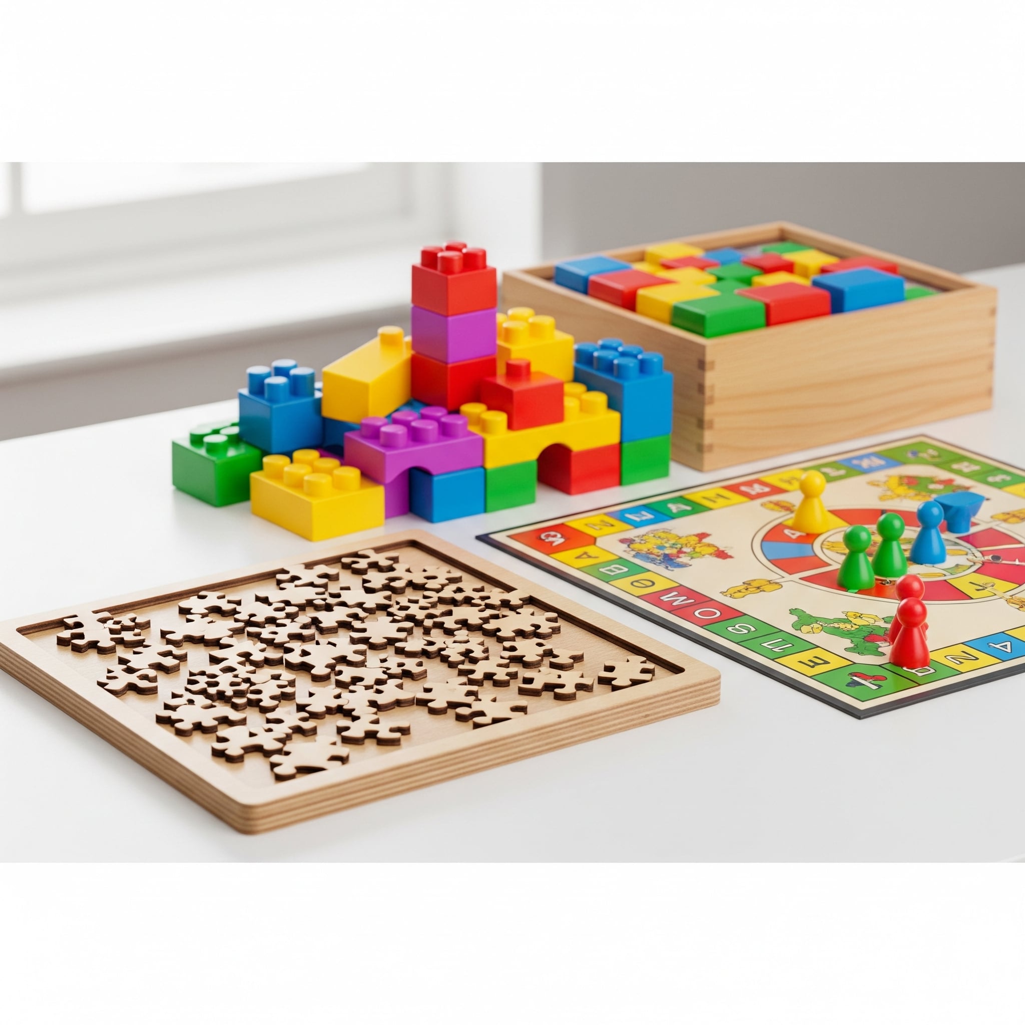 Pedagogiska leksaker och spel i trä och plast på bord för stimulans och fritid