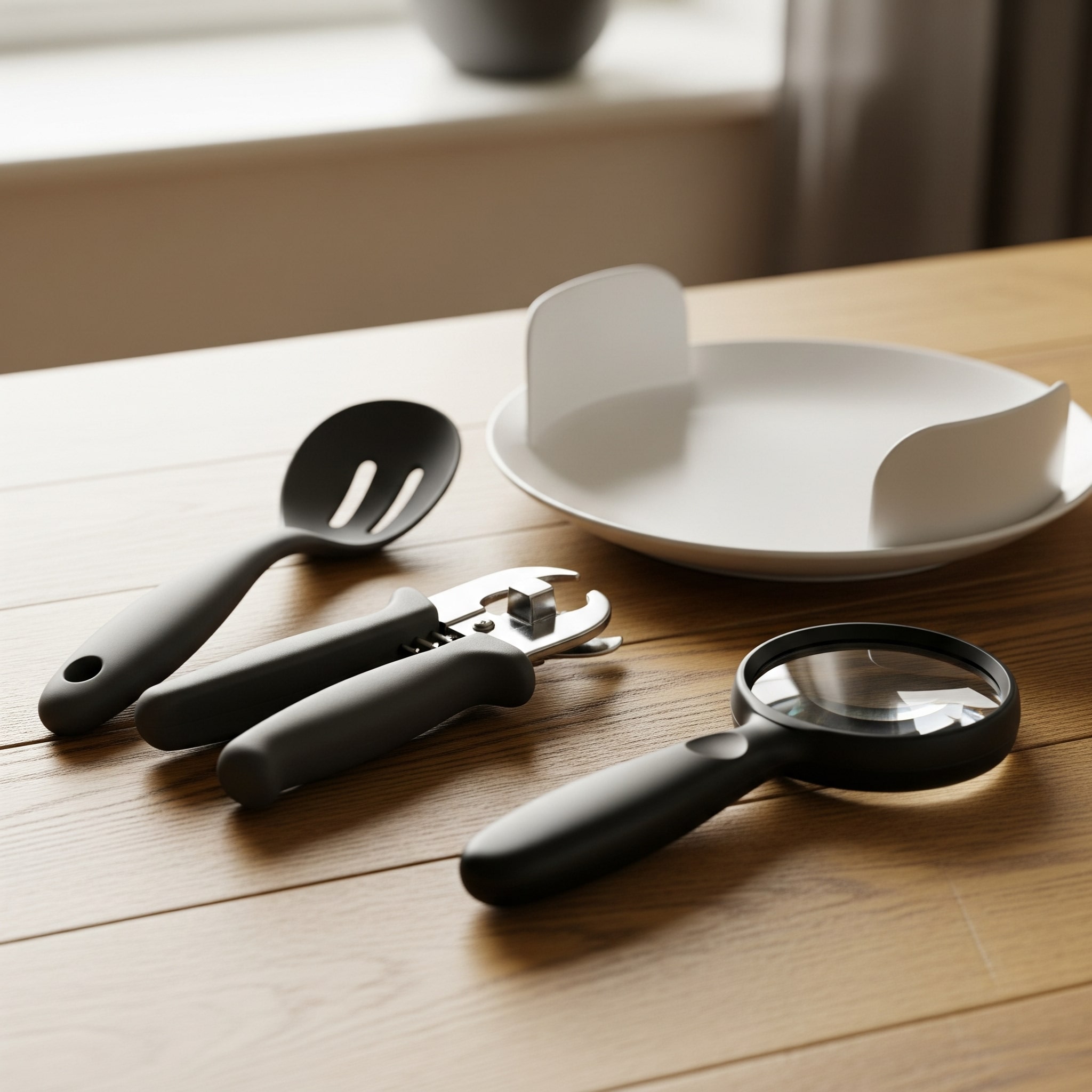 Ergonomiska köksredskap inklusive bestick med greppvänliga handtag och spillfri tallrik