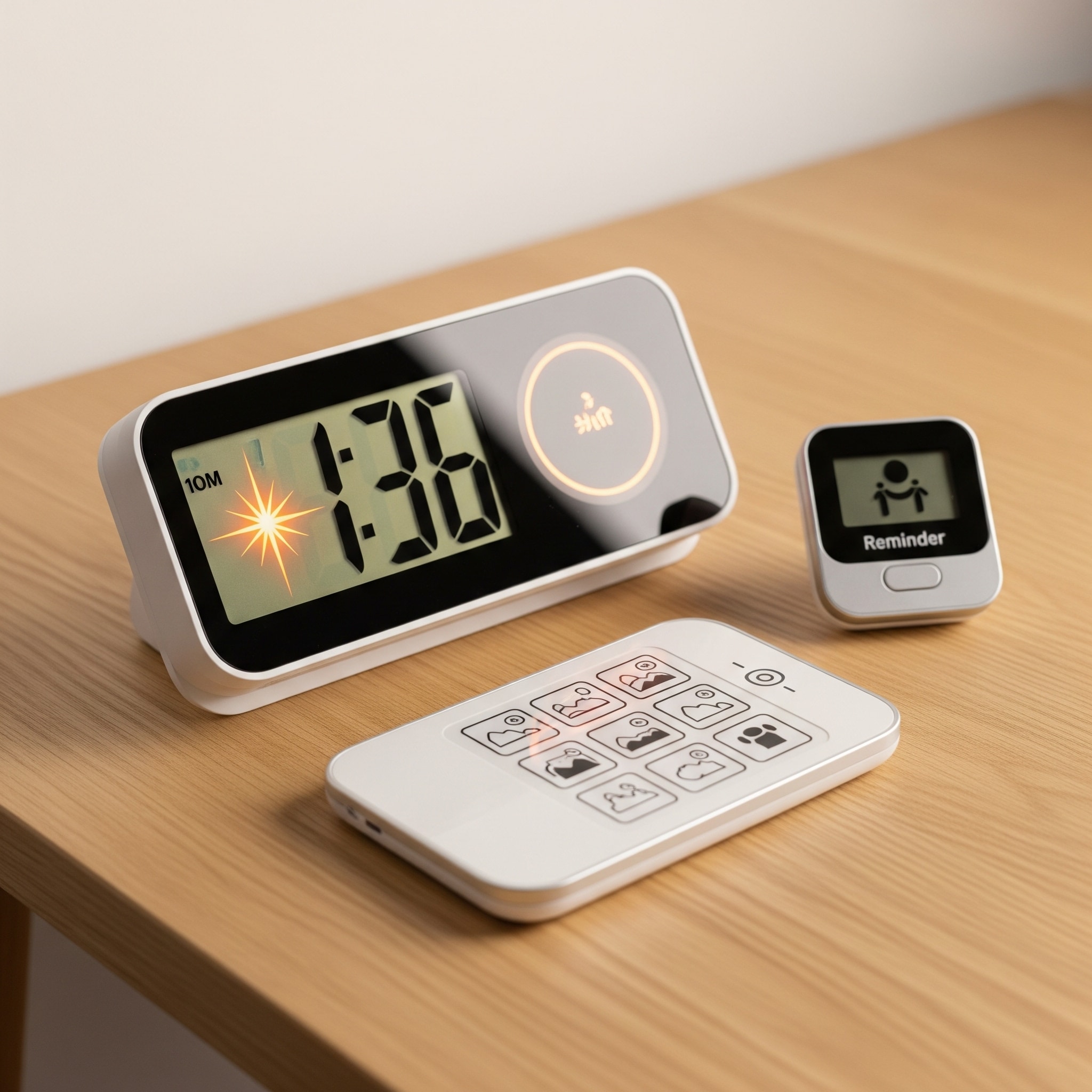 Digitala och analoga hjälpmedelsklockor med stora siffror och tydlig display på träbord
