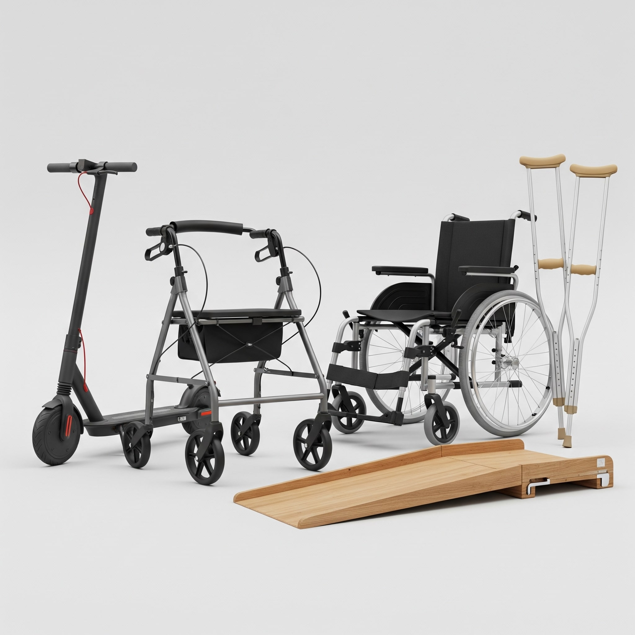 Rollator, rullstol, elscooter och ramp samlade i ljus miljö