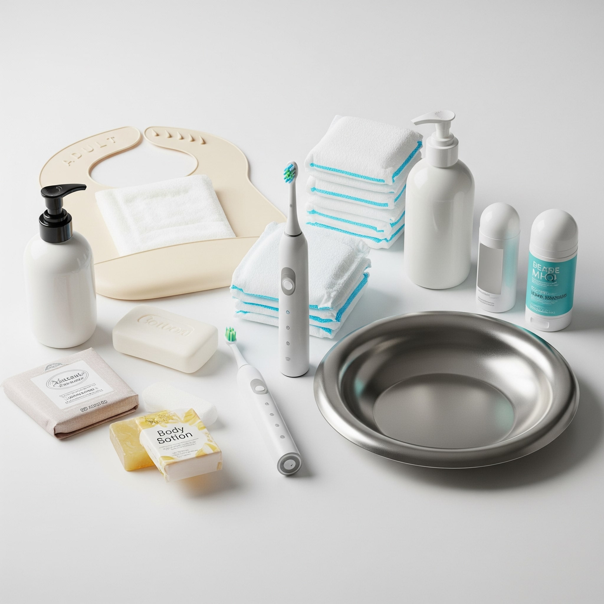 Personvårdsprodukter som tandborste, tvålpump, hygienunderlägg och bäcken i rostfritt stål