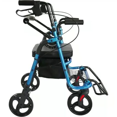 Stabil och bekväm konstruktion Rullator och rullstol i ett Sidovy av rollator och rullstol i ett – blå modell med ryggstöd