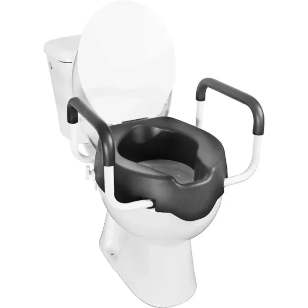Toilet seat raiser with armrests and soft seat on white toilet