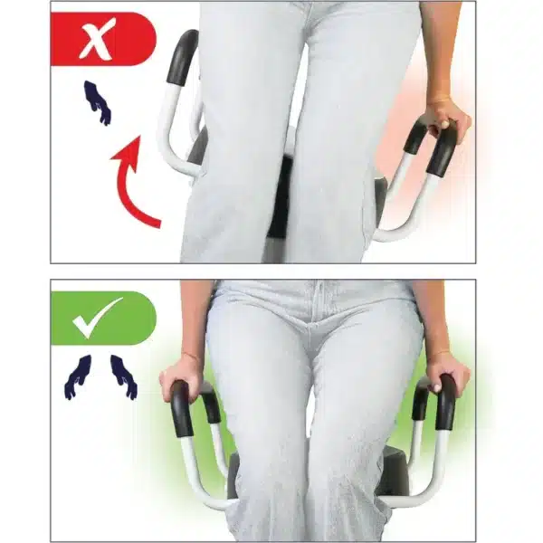 Toilet seat raiser correct and incorrect use of armrests