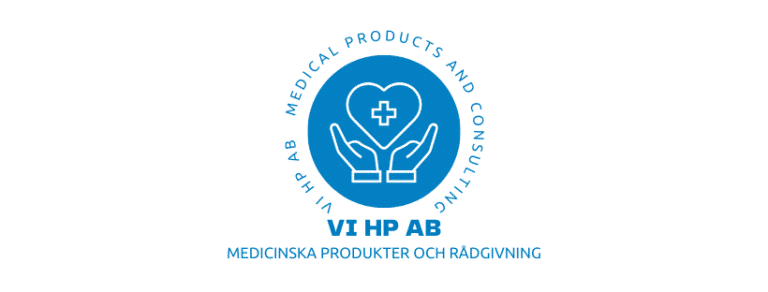 Rehabbutik och hjälpmedel vi hp – logotyp med blå cirkel, två händer som håller ett hjärta med vårdkors och texten medical products and consulting