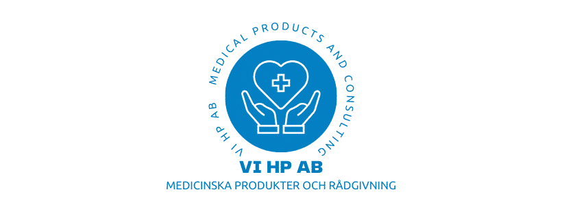 Rehabbutik och hjälpmedel VI HP – logotyp med blå cirkel, två händer som håller ett hjärta med vårdkors och texten Medical Products and Consulting
