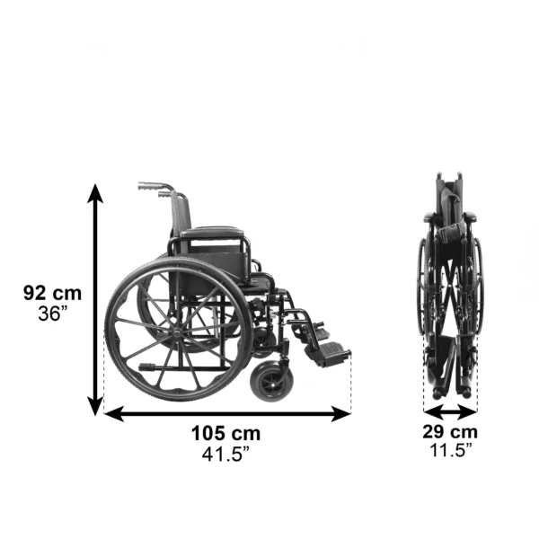 Foldable manual wheelchair with seat dimensions of 43 cm in the folded position.