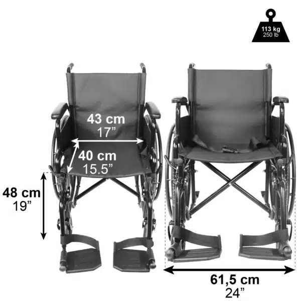 Dimensions of a folding manual wheelchair: seat dimensions 43 cm, seat height 48 cm and width 61.5 cm.