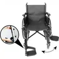 Foldable footrests on foldable manual wheelchair, seat dimensions 43 cm.