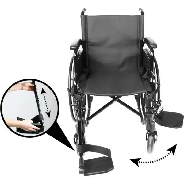 Foldable footrests on foldable manual wheelchair, seat dimensions 43 cm.