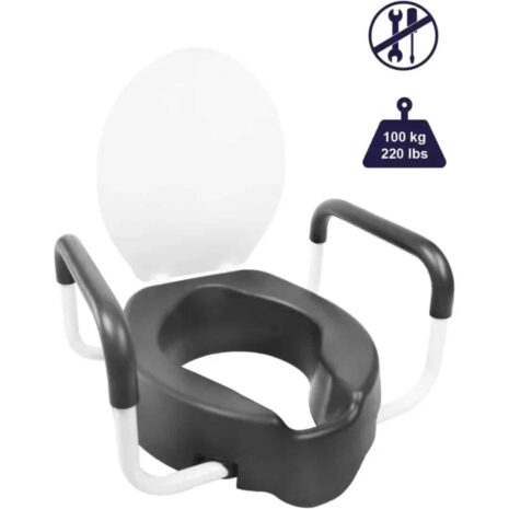 Toalettsitsförhöjare med fri öppning och ergonomisk form Toalettsitsförhöjare sedd framifrån utan lock