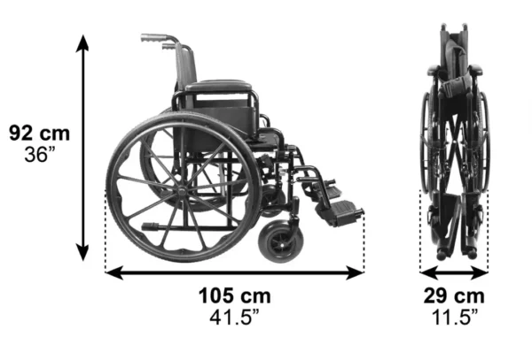 Begagnad rullstol med mått 105 cm längd och 41,5 cm sitsdjup