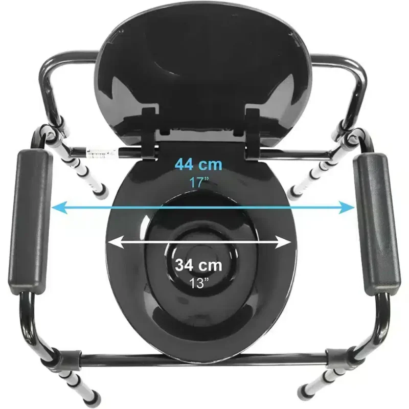 Portabel toalettstol med hink mått och justerbar höjd Portabel toalettstol med hink måttangivelser höjd och bredd