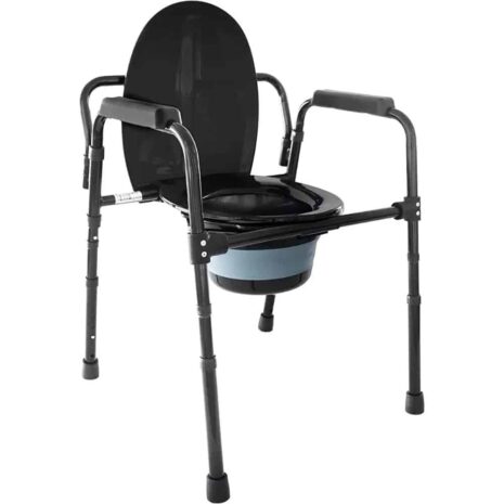 Portabel toalettstol med hink svart modell med armstöd och lock