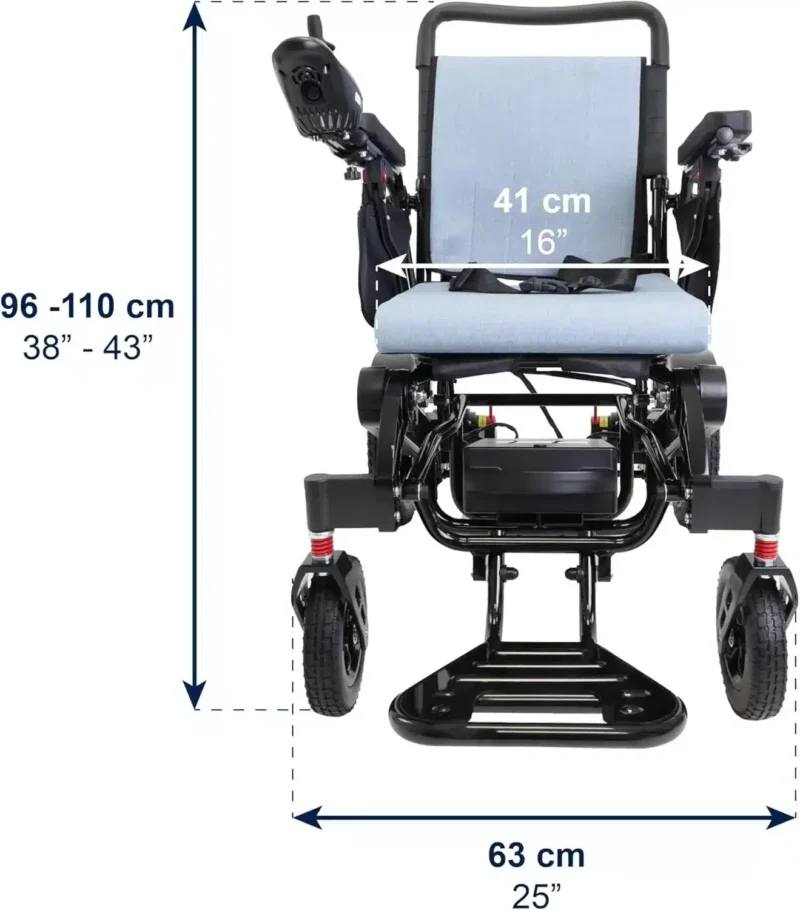 Frontvy blå elektrisk rullstol Blå elektrisk rullstol frontvy med sitsmått