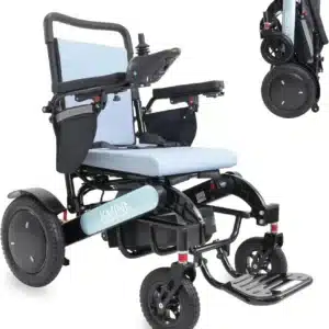 Blå elektrisk rullstol sidovy i körläge