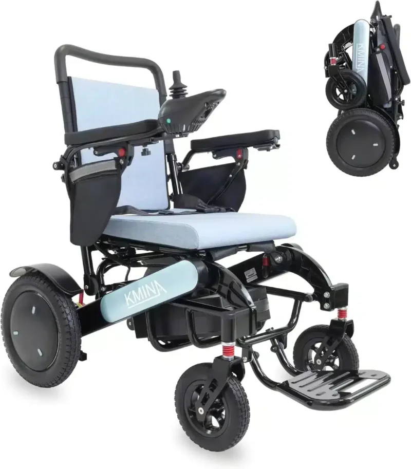 Blå elektrisk rullstol sidovy i körläge