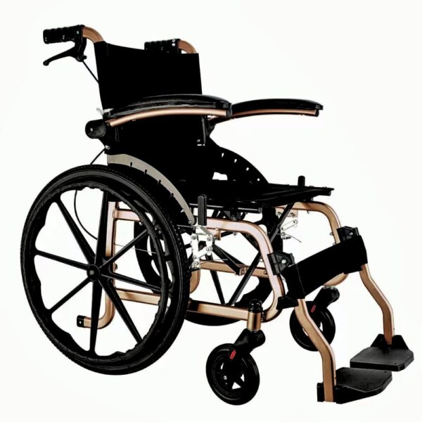 Lättvikt rullstol i aluminium 5322 guld färg med hopfällbar aluminiumram och självkörande bakhjul