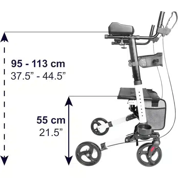 Rollator med armstöd svart framifrån med korg och stabil fyrhjulskonstruktion VI HP Rollator med armstöd svart med höjdjustering och sitthöjd markerad VI HP