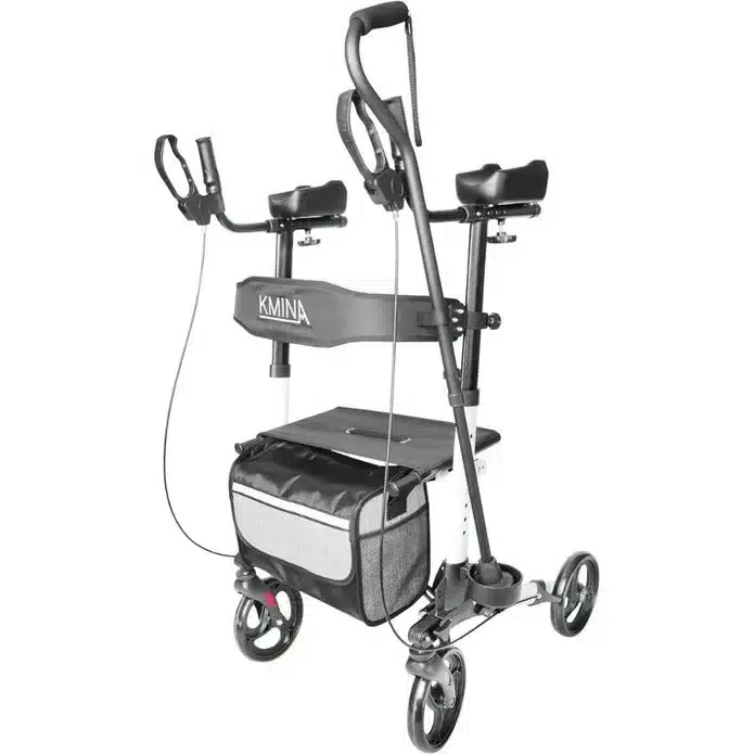 Rollator med armstöd svart hopfällbar modell med kabelbromsar och armstöd VI HP Rollator med armstöd svart sned vy med sittplats korg och bromsar VI HP