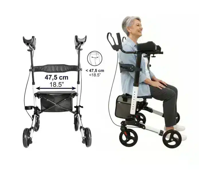Rollator med armstöd svart med måttangivelser för bredd och armstödsavstånd VI HP Rollator med armstöd svart med sittplats och måttangivelser i bild VI HP