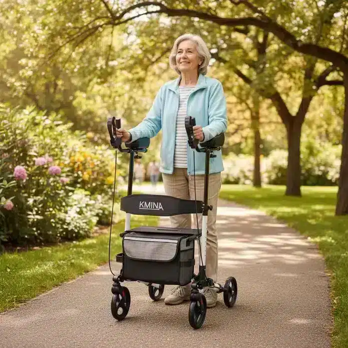 Rullator med armstöd svart med sittplats och korg använd utomhus på gångväg VI HP Rullator med armstöd svart med sittplats och korg använd utomhus på gångväg VI HP