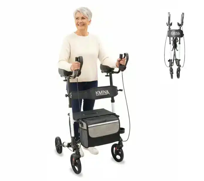 Rollator med armstöd svart med sittplats och korg visad i bruk utomhus VI HP Rollator med armstöd svart med sittplats använd inomhus vid gång VI HP