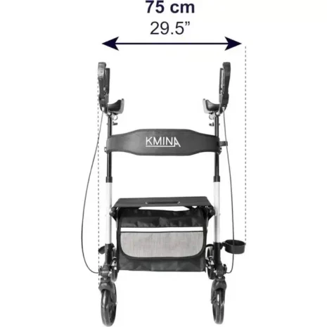 Rollator med armstöd svart med sittplats och ryggstöd visad från sidan VI HP Rollator med armstöd svart framifrån med korg och fyrhjulskonstruktion VI HP