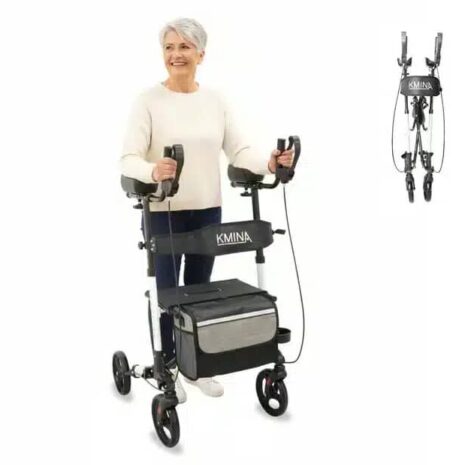 Rollator med armstöd svart med sittplats och korg visad i bruk utomhus VI HP Rullator med armstöd Rollator med armstöd svart med sittplats använd inomhus vid gång VI HP